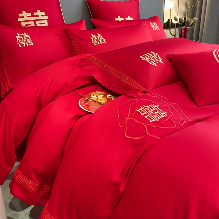 91家纺网 家纺一手货源 找家纺 花愿（原花纪） 2026新款水洗棉刺绣婚庆四件套系列 玫瑰之恋