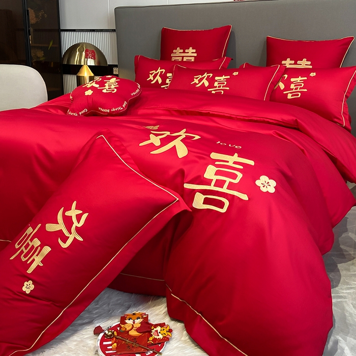 91家纺网 家纺一手货源 找家纺 花愿（原花纪） 2026新款水洗棉刺绣婚庆四件套系列 欢喜