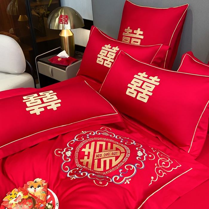 91家纺网 家纺一手货源 找家纺 花愿（原花纪） 2026新款水洗棉刺绣婚庆四件套系列 美满