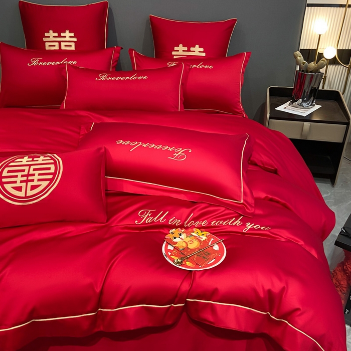 91家纺网 家纺一手货源 找家纺 花愿（原花纪） 2026新款水洗棉刺绣婚庆四件套系列 钟爱一生