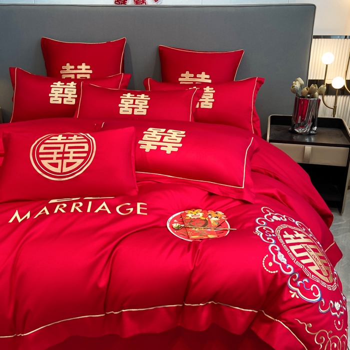 91家纺网 家纺一手货源 找家纺 花愿（原花纪） 2026新款水洗棉刺绣婚庆四件套系列 美满