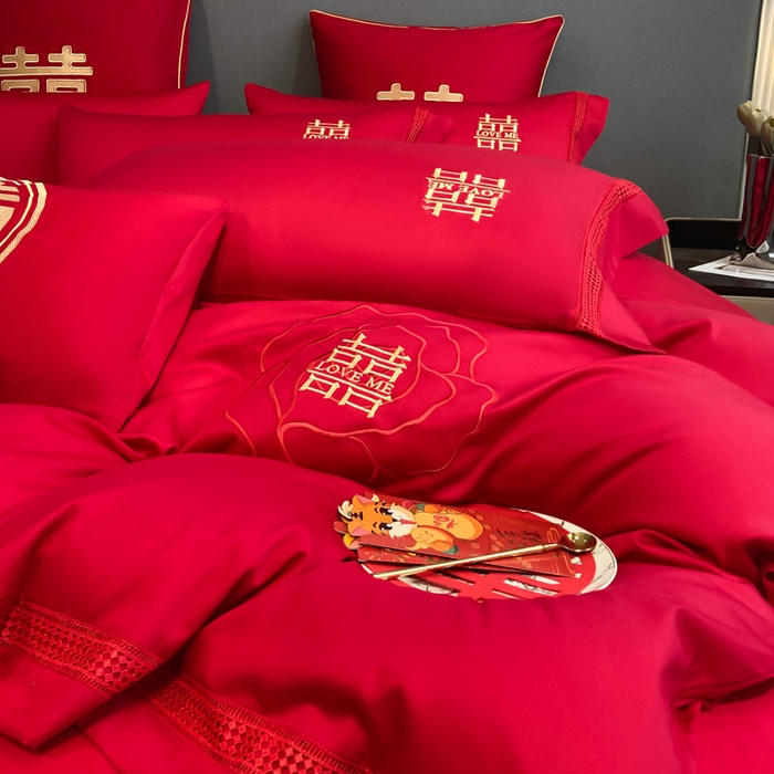 91家纺网 家纺一手货源 找家纺 花愿（原花纪） 2026新款水洗棉刺绣婚庆四件套系列 玫瑰之恋