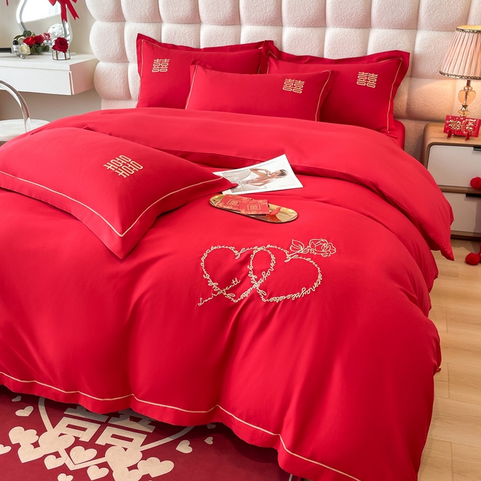 91家纺网 家纺一手货源 找家纺 花愿（原花纪） 2026新款水洗棉刺绣婚庆四件套系列 心心相印