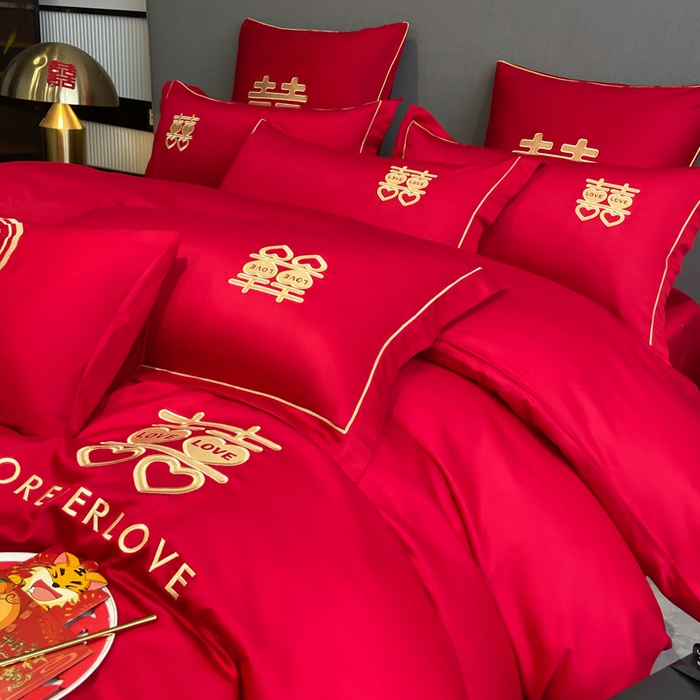 91家纺网 家纺一手货源 找家纺 花愿（原花纪） 2026新款水洗棉刺绣婚庆四件套系列 喜爱