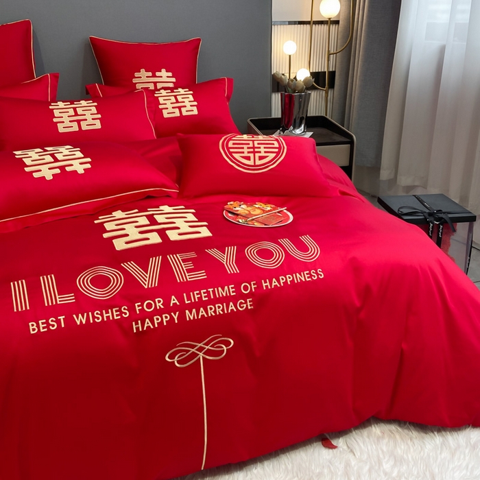 91家纺网 家纺一手货源 找家纺 花愿（原花纪） 2026新款水洗棉刺绣婚庆四件套系列 幸福