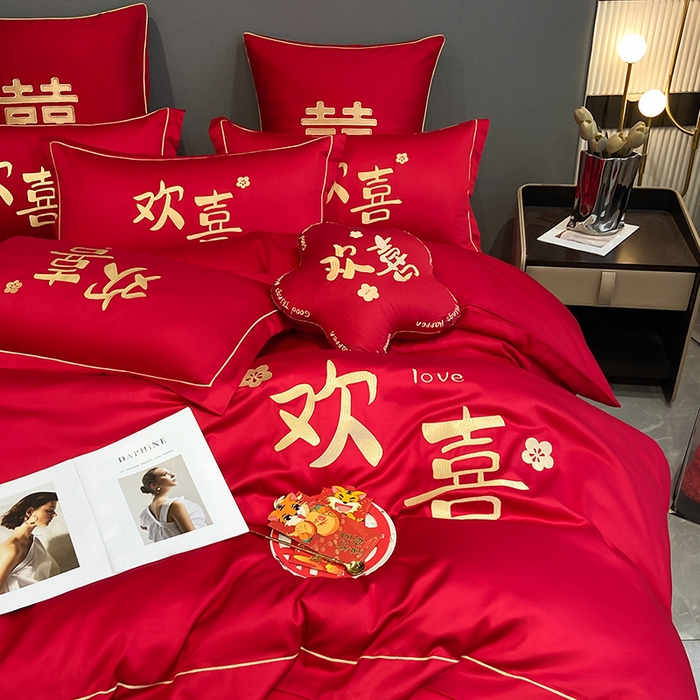 91家纺网 家纺一手货源 找家纺 花愿（原花纪） 2026新款水洗棉刺绣婚庆四件套系列 欢喜