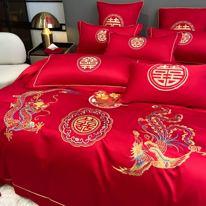 91家纺网 家纺一手货源 找家纺 花愿（原花纪） 2026新款水洗棉刺绣婚庆四件套系列 龙凤欢喜