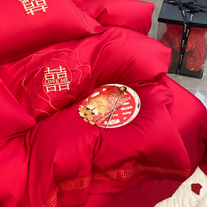 91家纺网 家纺一手货源 找家纺 花愿（原花纪） 2026新款水洗棉刺绣婚庆四件套系列 玫瑰之恋