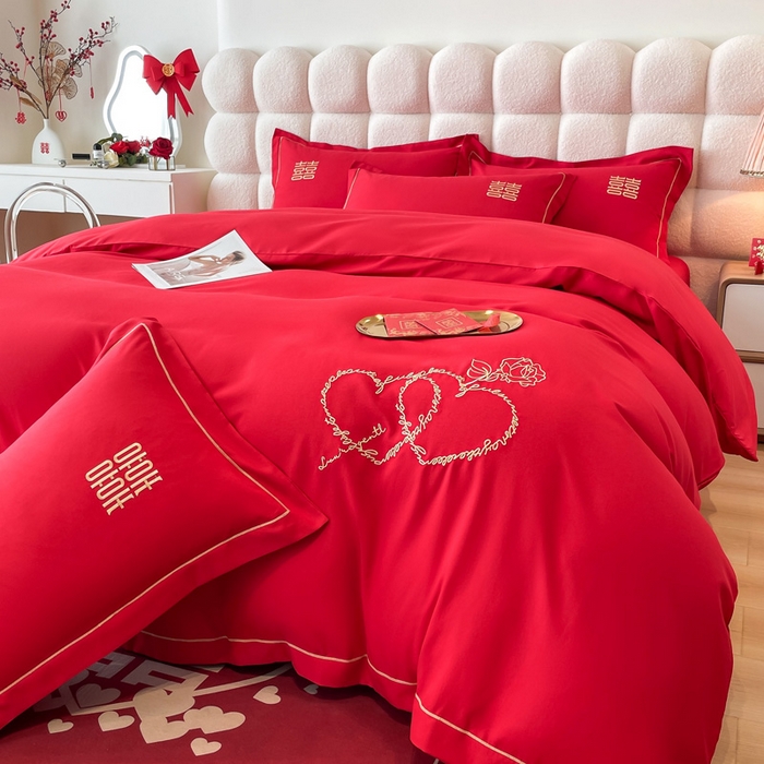 91家纺网 家纺一手货源 找家纺 花愿（原花纪） 2026新款水洗棉刺绣婚庆四件套系列 心心相印