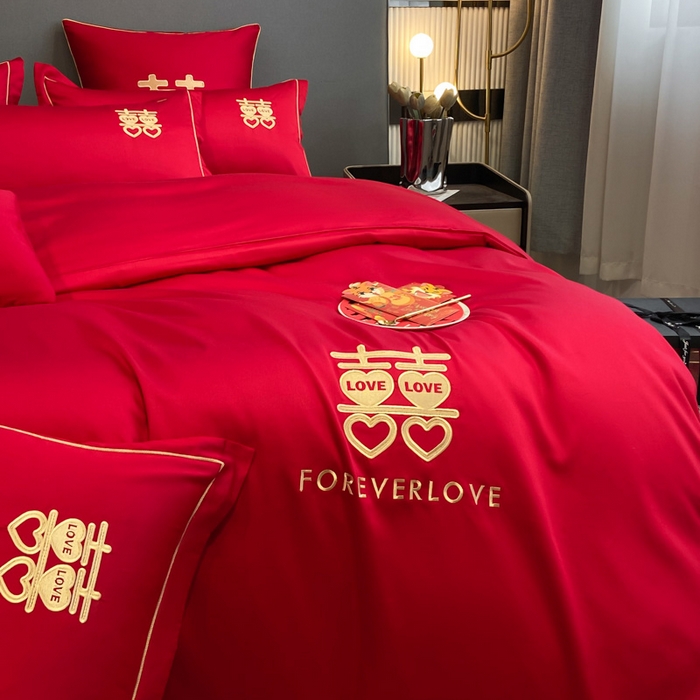 91家纺网 家纺一手货源 找家纺 花愿（原花纪） 2026新款水洗棉刺绣婚庆四件套系列 喜爱