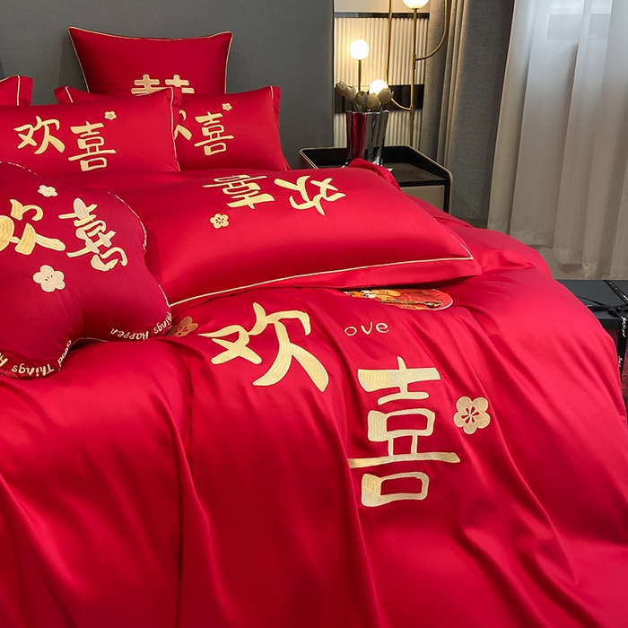 91家纺网 家纺一手货源 找家纺 花愿（原花纪） 2026新款水洗棉刺绣婚庆四件套系列 欢喜