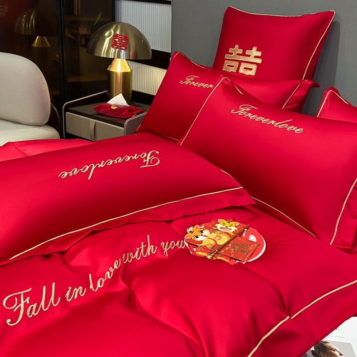 91家纺网 家纺一手货源 找家纺 花愿（原花纪） 2026新款水洗棉刺绣婚庆四件套系列 钟爱一生