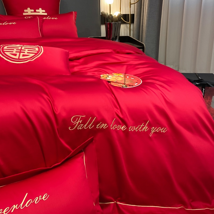 91家纺网 家纺一手货源 找家纺 花愿（原花纪） 2026新款水洗棉刺绣婚庆四件套系列 钟爱一生