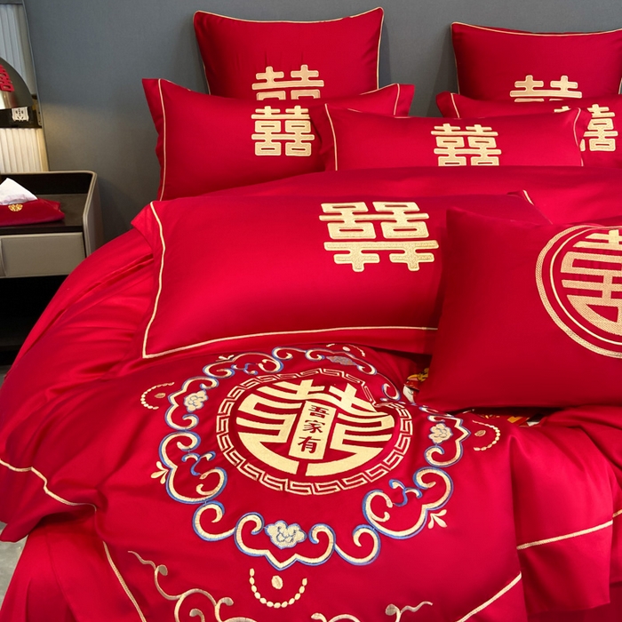 91家纺网 家纺一手货源 找家纺 花愿（原花纪） 2026新款水洗棉刺绣婚庆四件套系列 美满