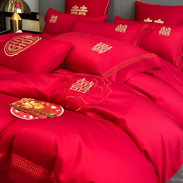 91家纺网 家纺一手货源 找家纺 花愿（原花纪） 2026新款水洗棉刺绣婚庆四件套系列 玫瑰之恋