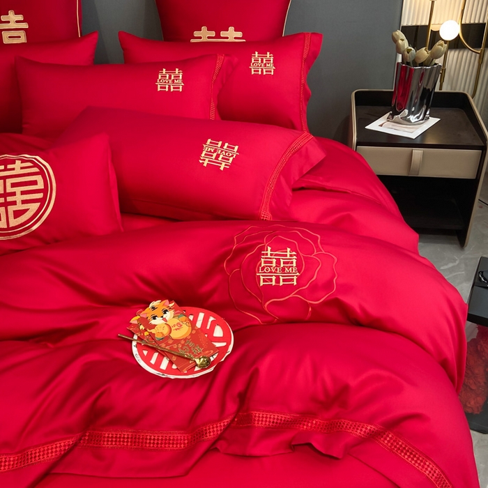 91家纺网 家纺一手货源 找家纺 花愿（原花纪） 2026新款水洗棉刺绣婚庆四件套系列 玫瑰之恋