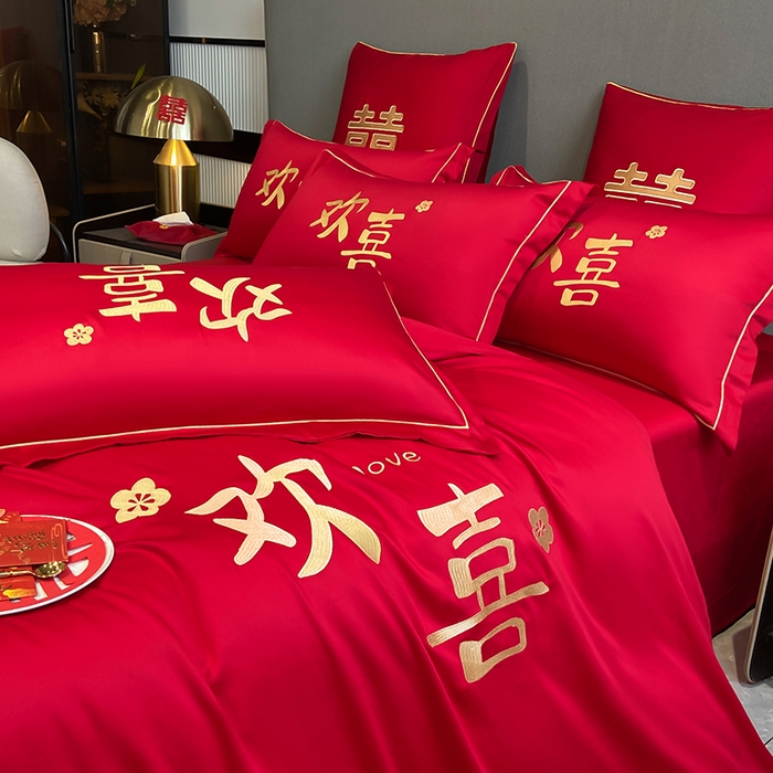 91家纺网 家纺一手货源 找家纺 花愿（原花纪） 2026新款水洗棉刺绣婚庆四件套系列 欢喜