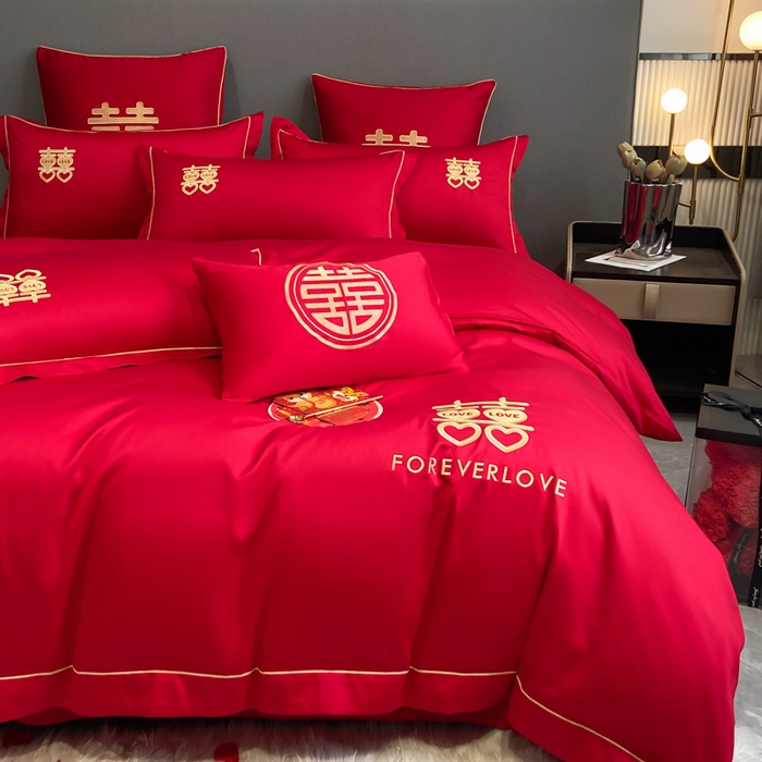 91家纺网 家纺一手货源 找家纺 花愿（原花纪） 2026新款水洗棉刺绣婚庆四件套系列 喜爱