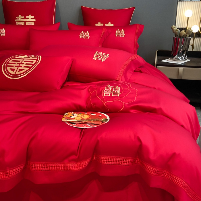 91家纺网 家纺一手货源 找家纺 花愿（原花纪） 2026新款水洗棉刺绣婚庆四件套系列 玫瑰之恋