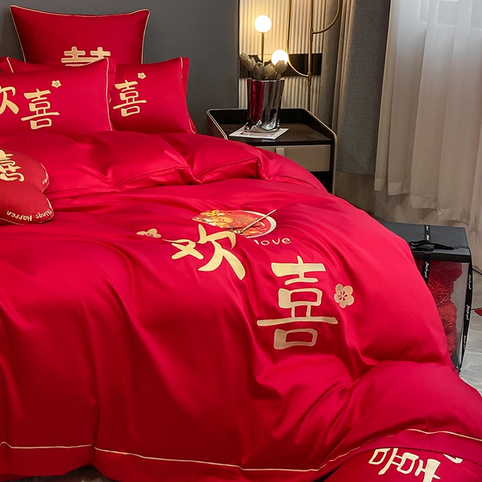 91家纺网 家纺一手货源 找家纺 花愿（原花纪） 2026新款水洗棉刺绣婚庆四件套系列 欢喜