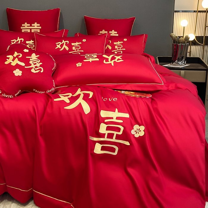 91家纺网 家纺一手货源 找家纺 花愿（原花纪） 2026新款水洗棉刺绣婚庆四件套系列 欢喜