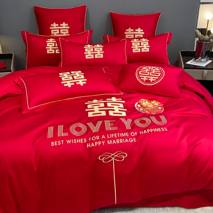 91家纺网 家纺一手货源 找家纺 花愿（原花纪） 2026新款水洗棉刺绣婚庆四件套系列 幸福