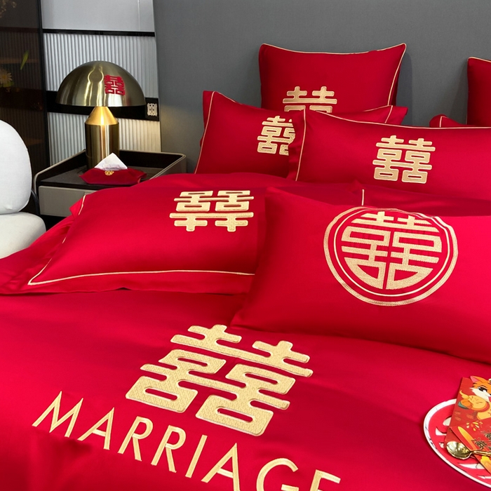 91家纺网 家纺一手货源 找家纺 花愿（原花纪） 2026新款水洗棉刺绣婚庆四件套系列 美满