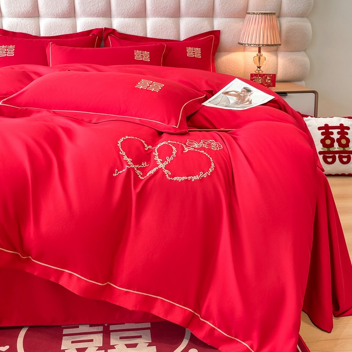 91家纺网 家纺一手货源 找家纺 花愿（原花纪） 2026新款水洗棉刺绣婚庆四件套系列 心心相印