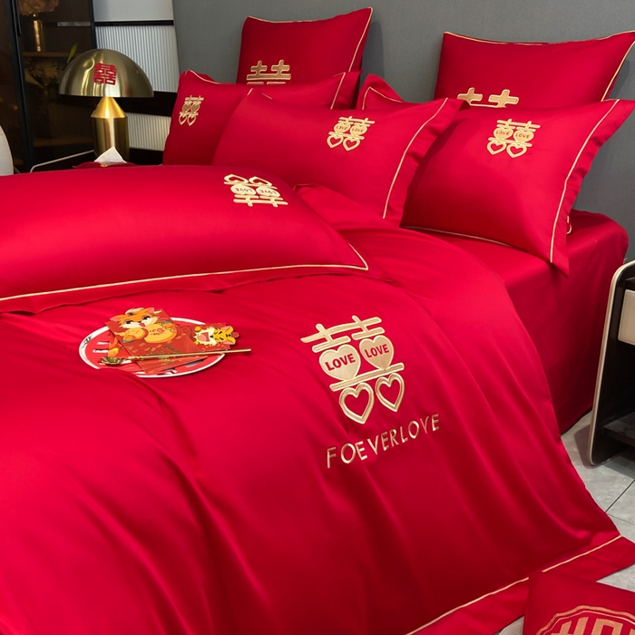 91家纺网 家纺一手货源 找家纺 花愿（原花纪） 2026新款水洗棉刺绣婚庆四件套系列 喜爱