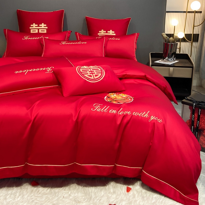 91家纺网 家纺一手货源 找家纺 花愿（原花纪） 2026新款水洗棉刺绣婚庆四件套系列 钟爱一生