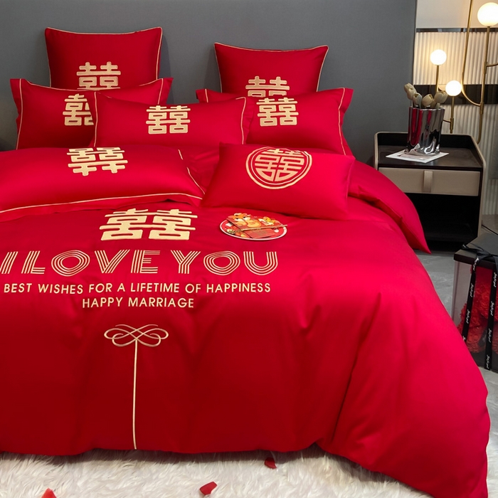 91家纺网 家纺一手货源 找家纺 花愿（原花纪） 2026新款水洗棉刺绣婚庆四件套系列 幸福