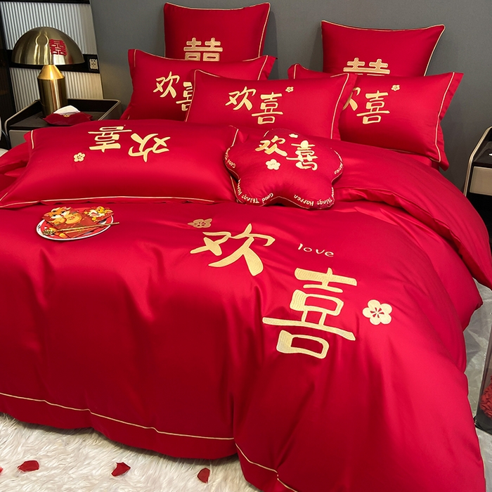 91家纺网 家纺一手货源 找家纺 花愿（原花纪） 2026新款水洗棉刺绣婚庆四件套系列 欢喜