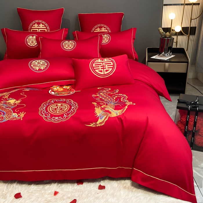 91家纺网 家纺一手货源 找家纺 花愿（原花纪） 2026新款水洗棉刺绣婚庆四件套系列 龙凤欢喜