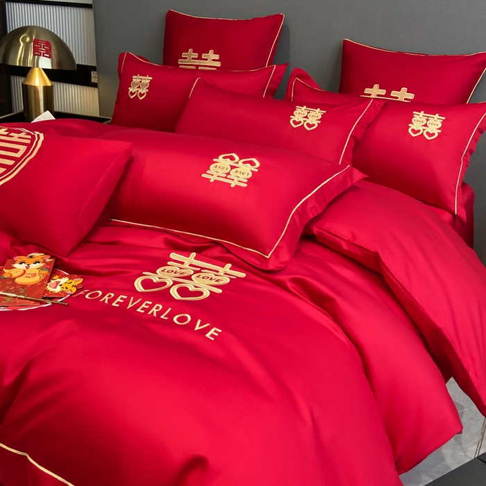 91家纺网 家纺一手货源 找家纺 花愿（原花纪） 2026新款水洗棉刺绣婚庆四件套系列 喜爱