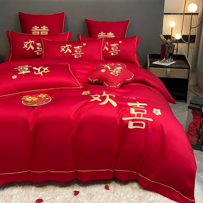 91家纺网 家纺一手货源 找家纺 花愿（原花纪） 2026新款水洗棉刺绣婚庆四件套系列 欢喜