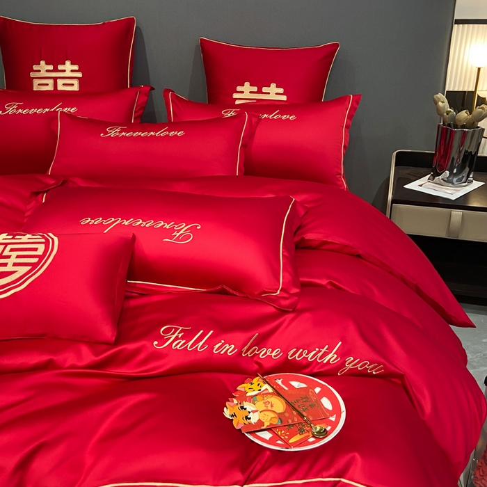 91家纺网 家纺一手货源 找家纺 花愿（原花纪） 2026新款水洗棉刺绣婚庆四件套系列 钟爱一生