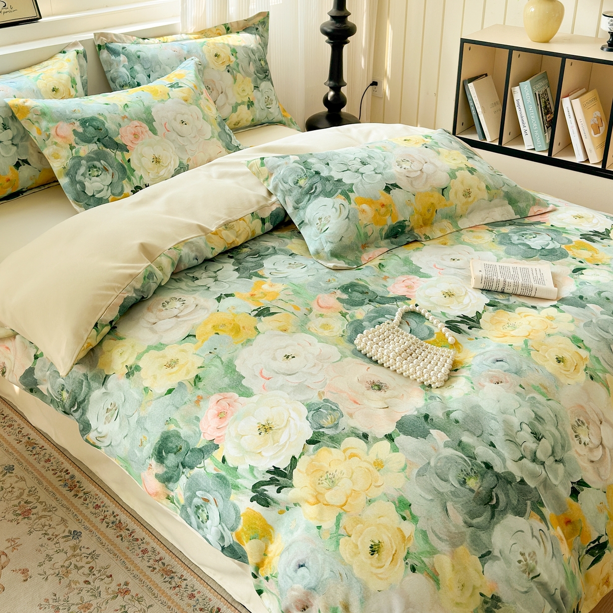 91家纺网 家纺一手货源 找家纺 典雅家纺 2025新款A类140克秋冬加厚磨毛数码印花四件套磨毛四件套 花海-抹茶绿