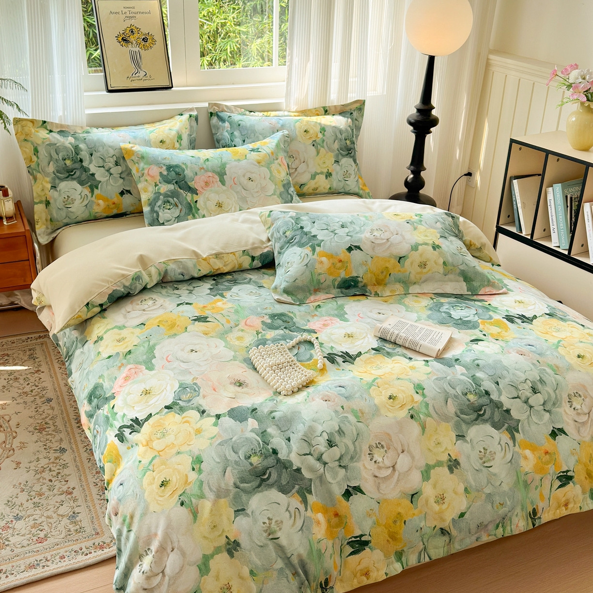 91家纺网 家纺一手货源 找家纺 典雅家纺 2025新款A类140克秋冬加厚磨毛数码印花四件套磨毛四件套 花海-抹茶绿