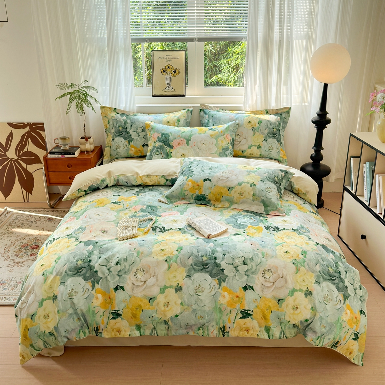 典雅家纺 2025新款A类140克秋冬加厚磨毛数码印花四件套磨毛四件套 花海-抹茶绿