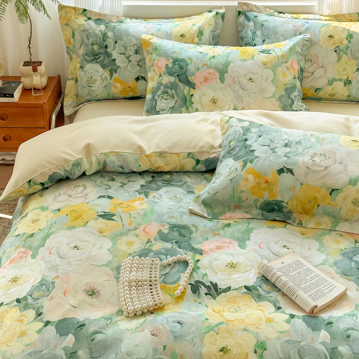 91家纺网 家纺一手货源 找家纺 典雅家纺 2025新款A类140克秋冬加厚磨毛数码印花四件套磨毛四件套 花海-抹茶绿