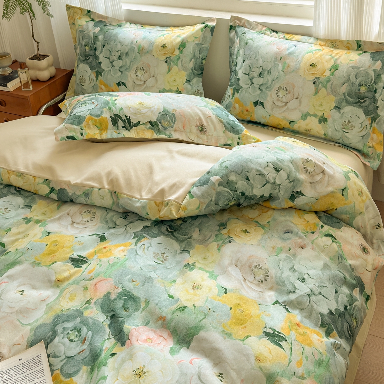 91家纺网 家纺一手货源 找家纺 典雅家纺 2025新款A类140克秋冬加厚磨毛数码印花四件套磨毛四件套 花海-抹茶绿