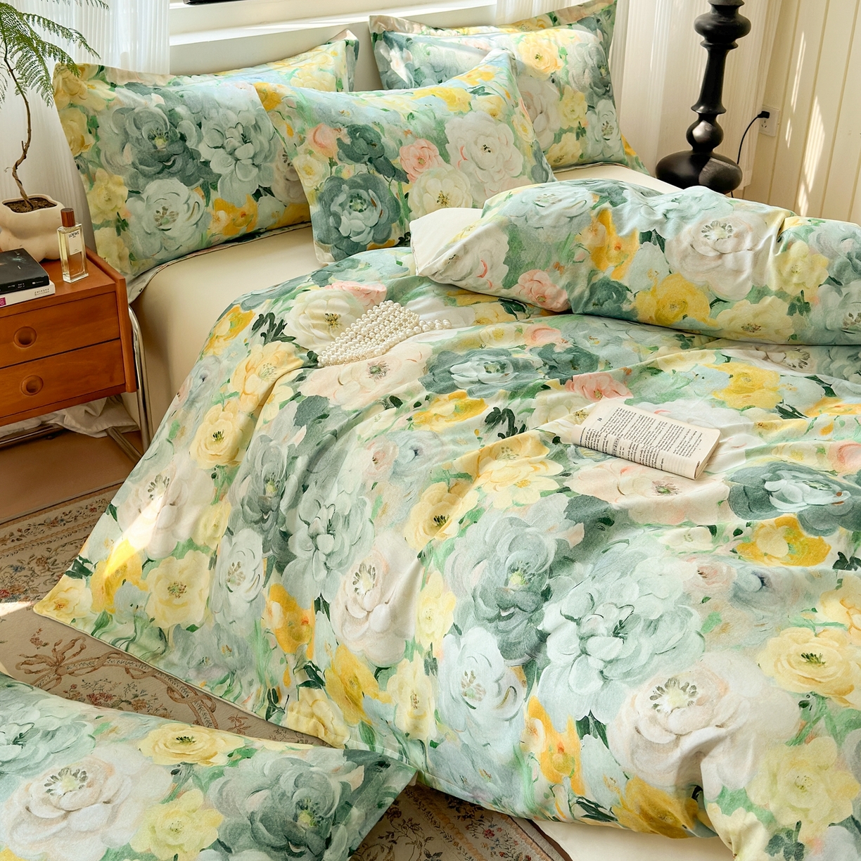 91家纺网 家纺一手货源 找家纺 典雅家纺 2025新款A类140克秋冬加厚磨毛数码印花四件套磨毛四件套 花海-抹茶绿