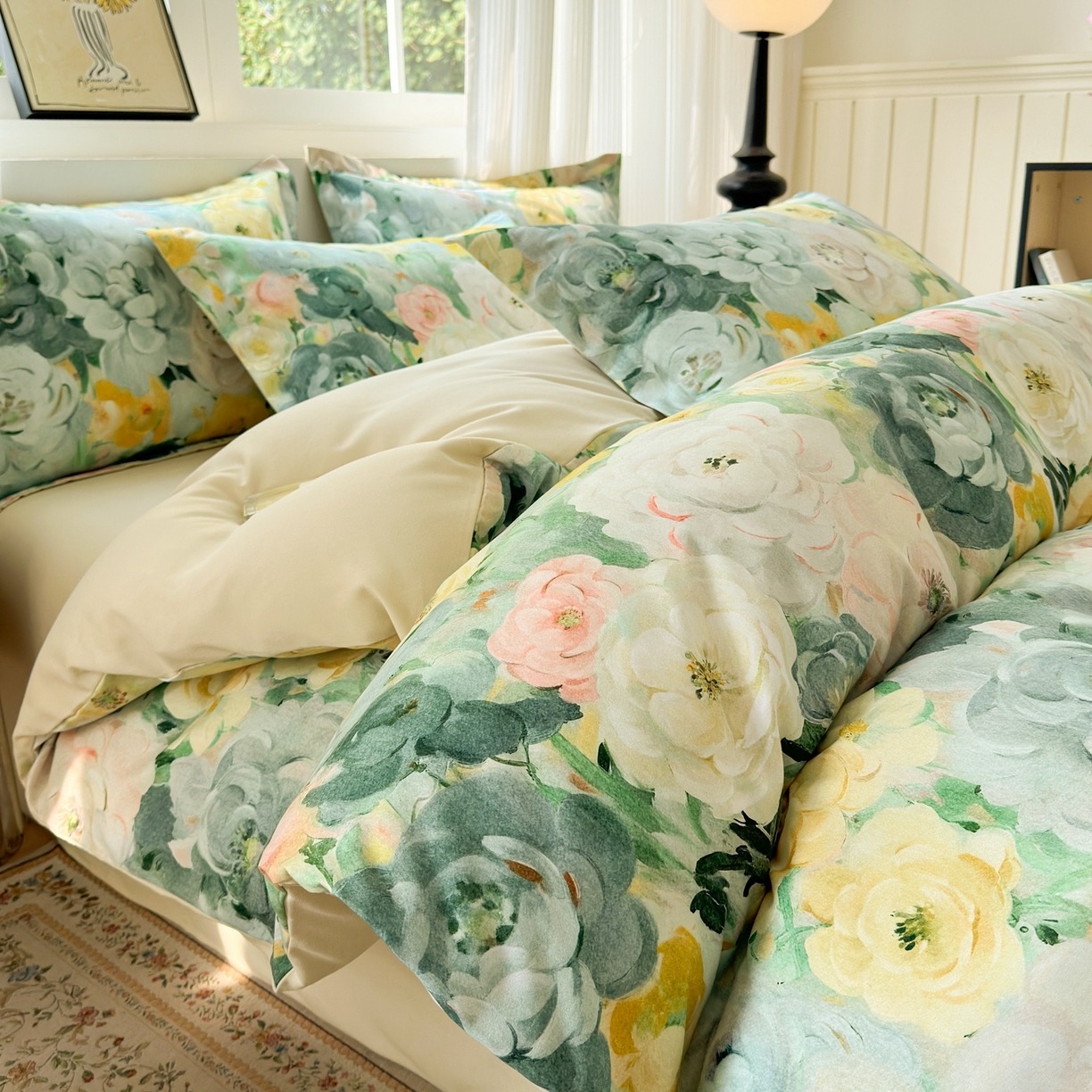 91家纺网 家纺一手货源 找家纺 典雅家纺 2025新款A类140克秋冬加厚磨毛数码印花四件套磨毛四件套 花海-抹茶绿