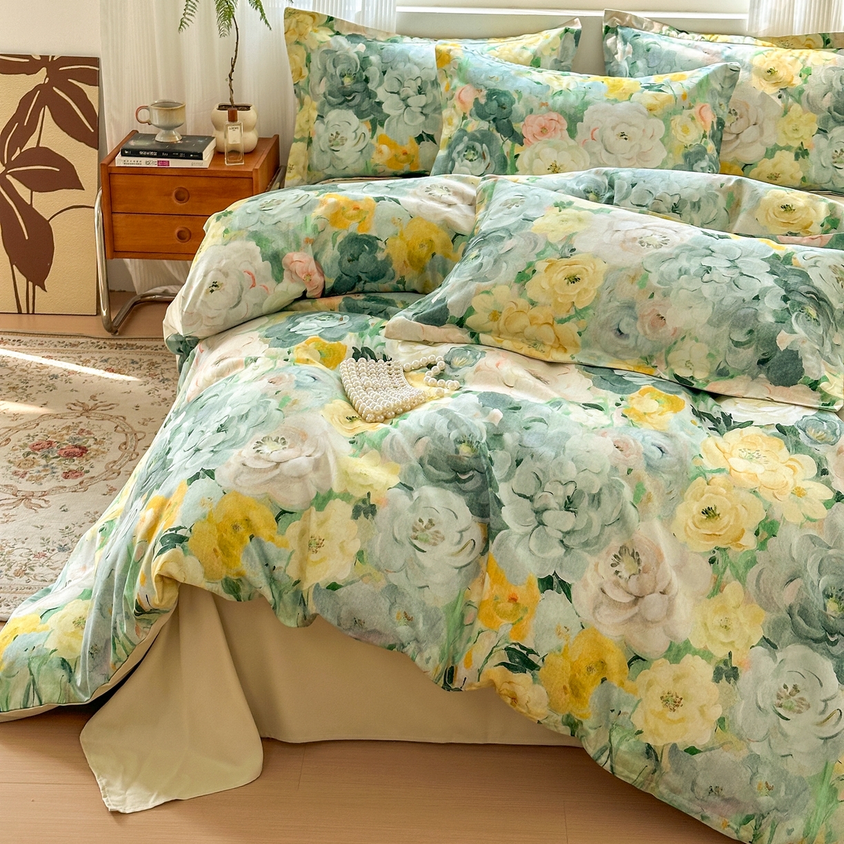 91家纺网 家纺一手货源 找家纺 典雅家纺 2025新款A类140克秋冬加厚磨毛数码印花四件套磨毛四件套 花海-抹茶绿