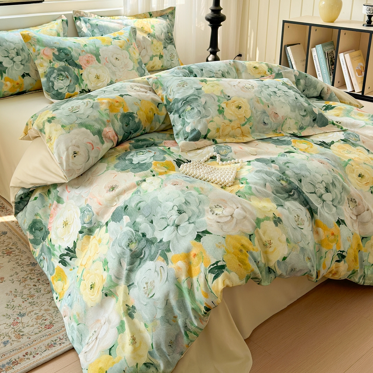 91家纺网 家纺一手货源 找家纺 典雅家纺 2025新款A类140克秋冬加厚磨毛数码印花四件套磨毛四件套 花海-抹茶绿