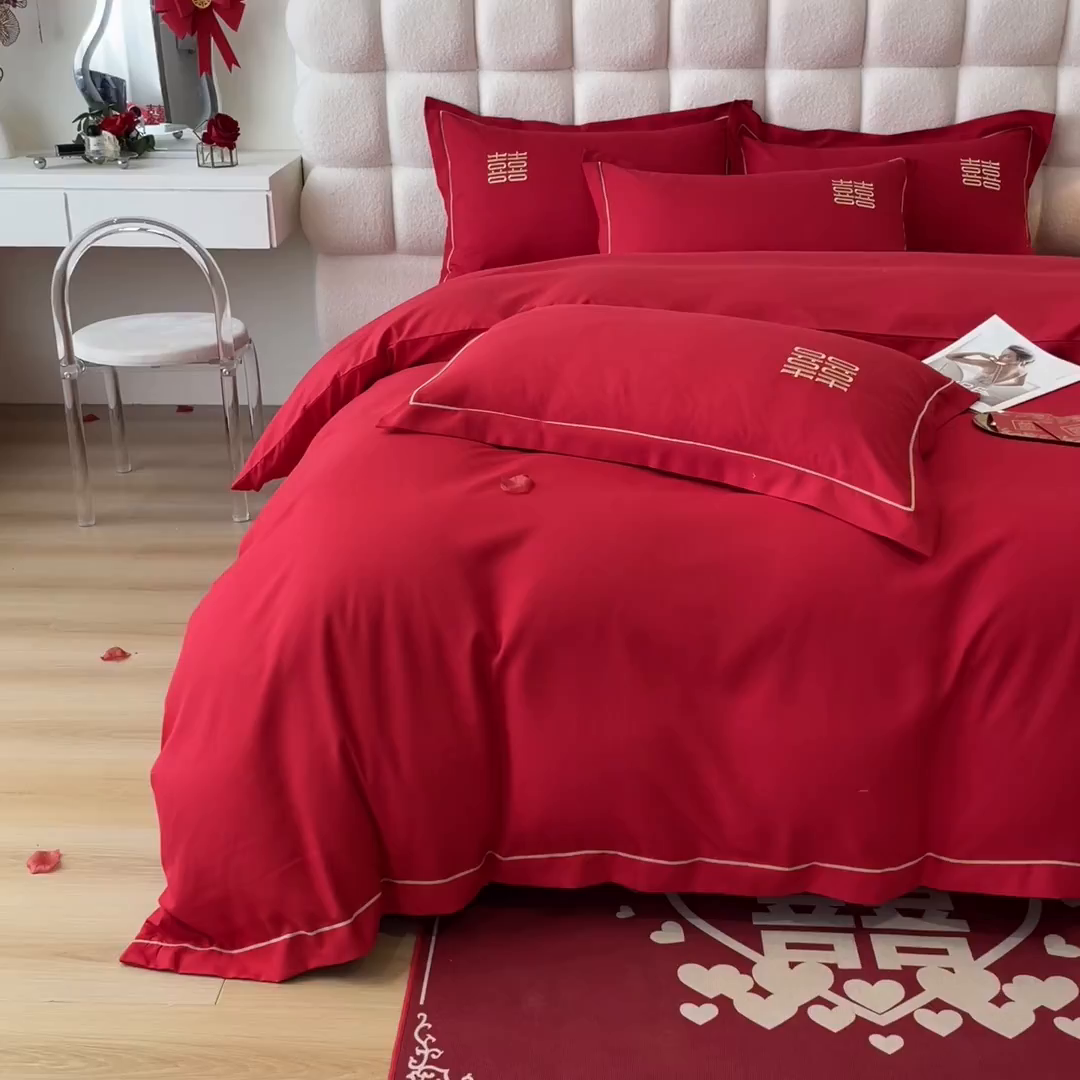 91家纺网 家纺一手货源 找家纺 花愿（原花纪） 2026新款水洗棉刺绣婚庆四件套系列 心心相印