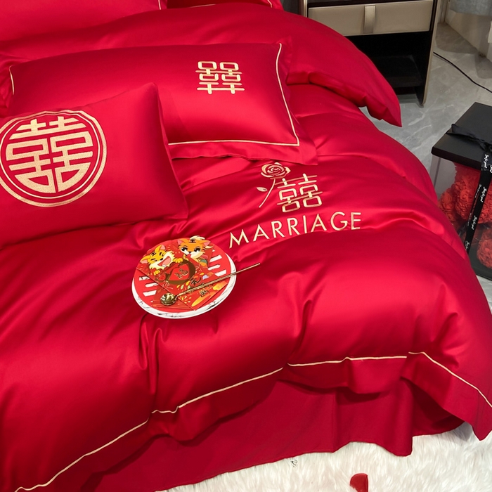 91家纺网 家纺一手货源 找家纺 花愿（原花纪） 2026新款水洗棉刺绣婚庆四件套系列 良缘