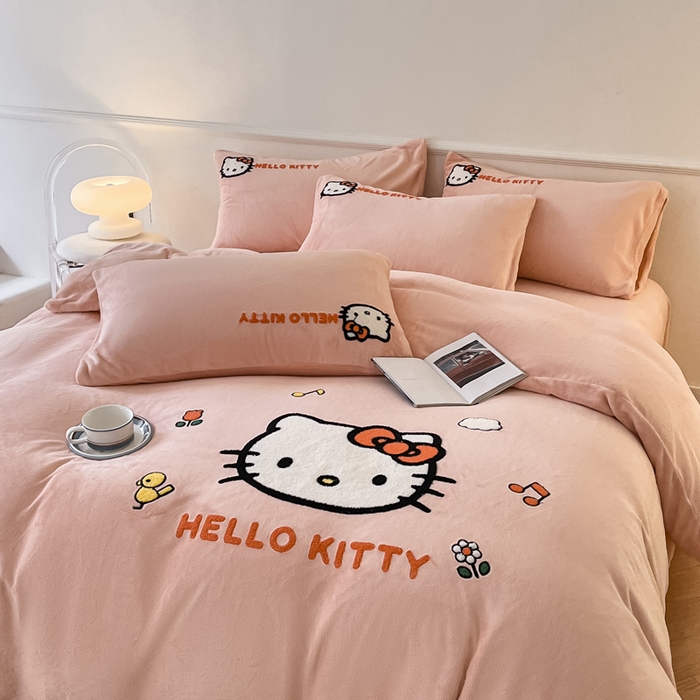 雅居纺家纺 2025新款三丽鸥大版卡通毛巾绣牛奶绒四件套 甜心KT