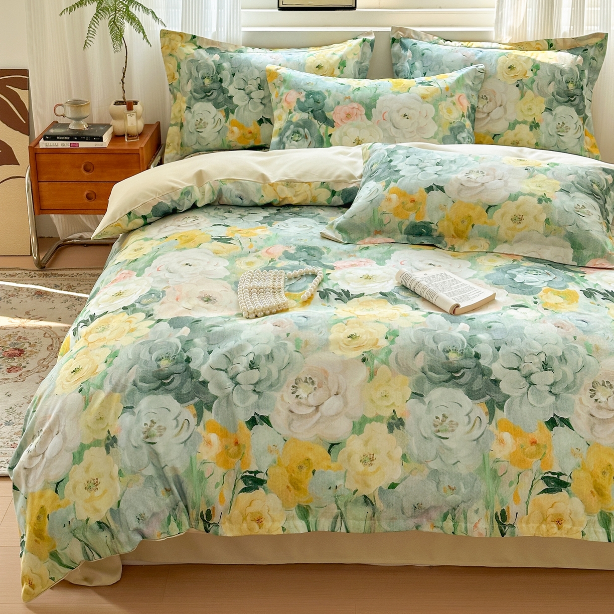 91家纺网 家纺一手货源 找家纺 典雅家纺 2025新款A类140克秋冬加厚磨毛数码印花四件套磨毛四件套 花海-抹茶绿