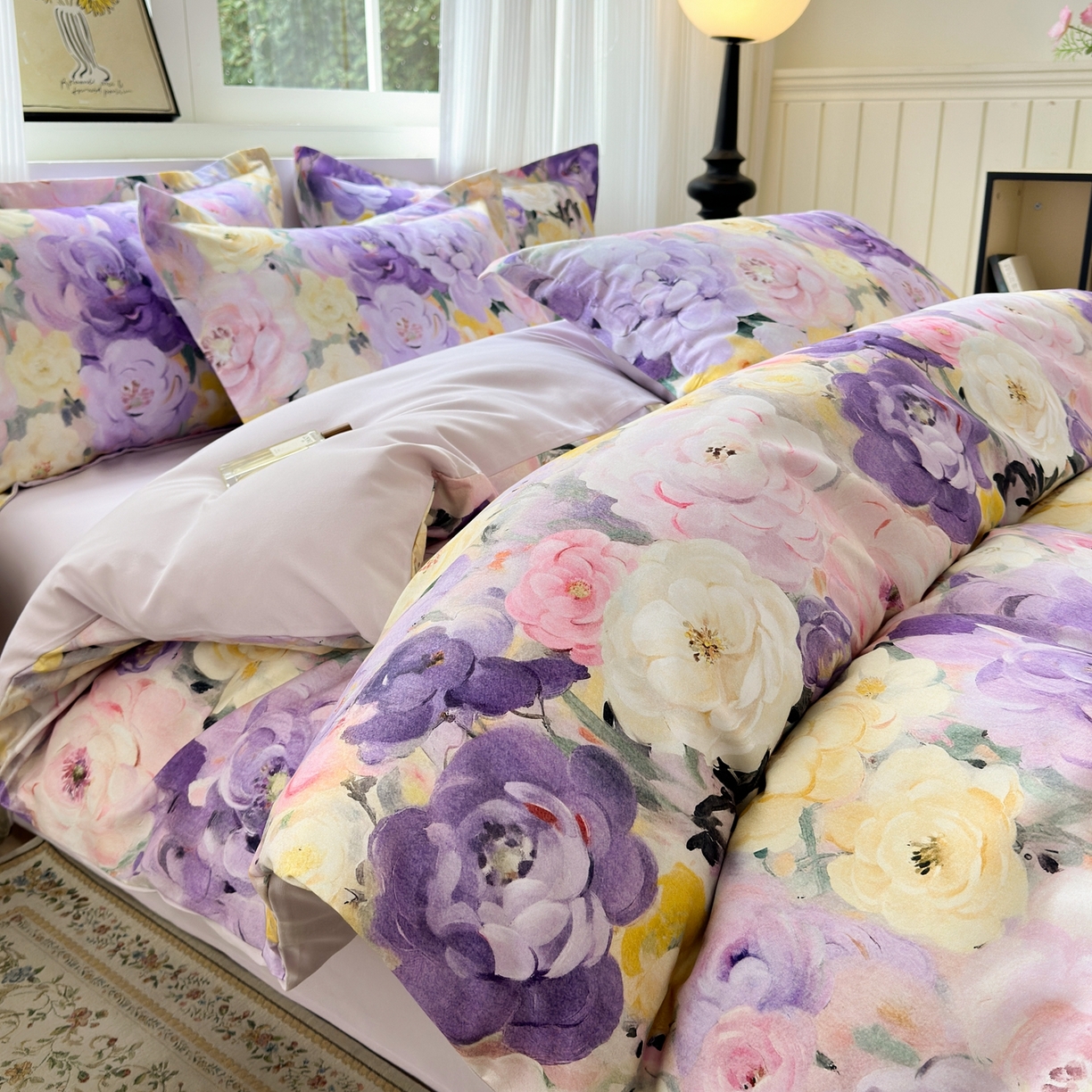 91家纺网 家纺一手货源 找家纺 典雅家纺 2025新款A类140克秋冬加厚磨毛数码印花四件套磨毛四件套 花海-熏衣紫